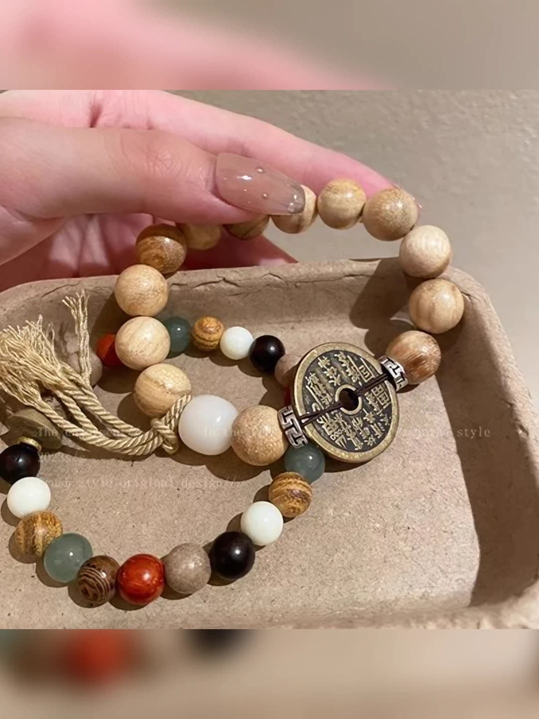 Sandalwood bracelet + multi-gem bamboo set