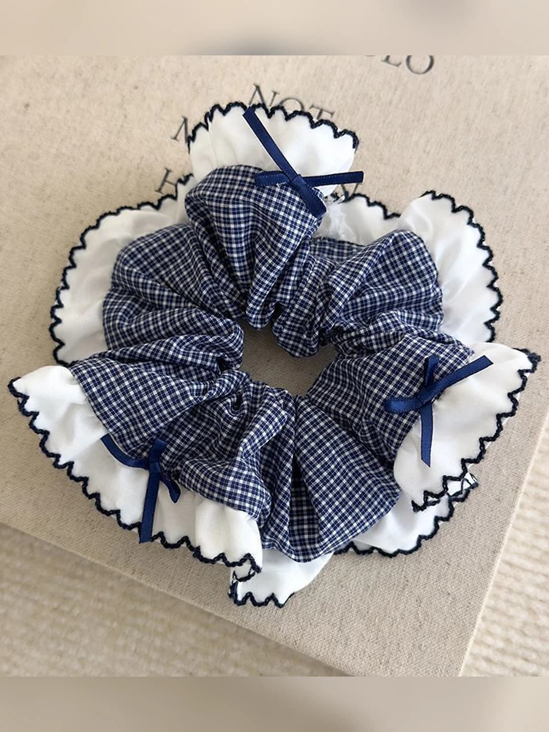 2# Blue small plaid, bow, ~13 cm