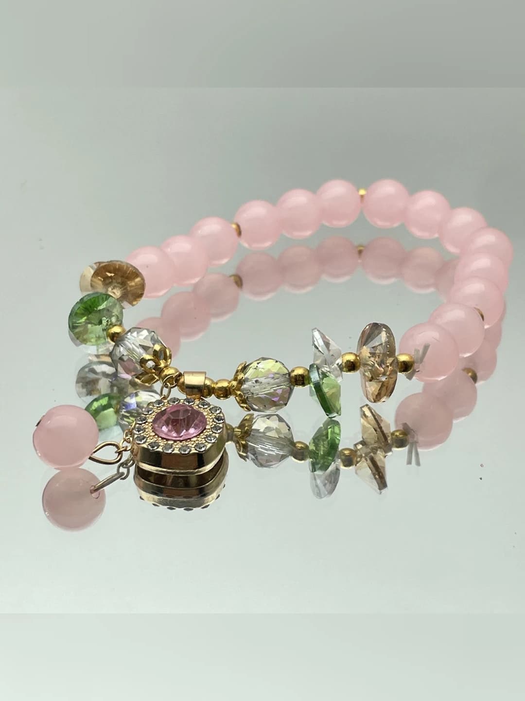 S433-8MM square diamond glass pink jade bracelet