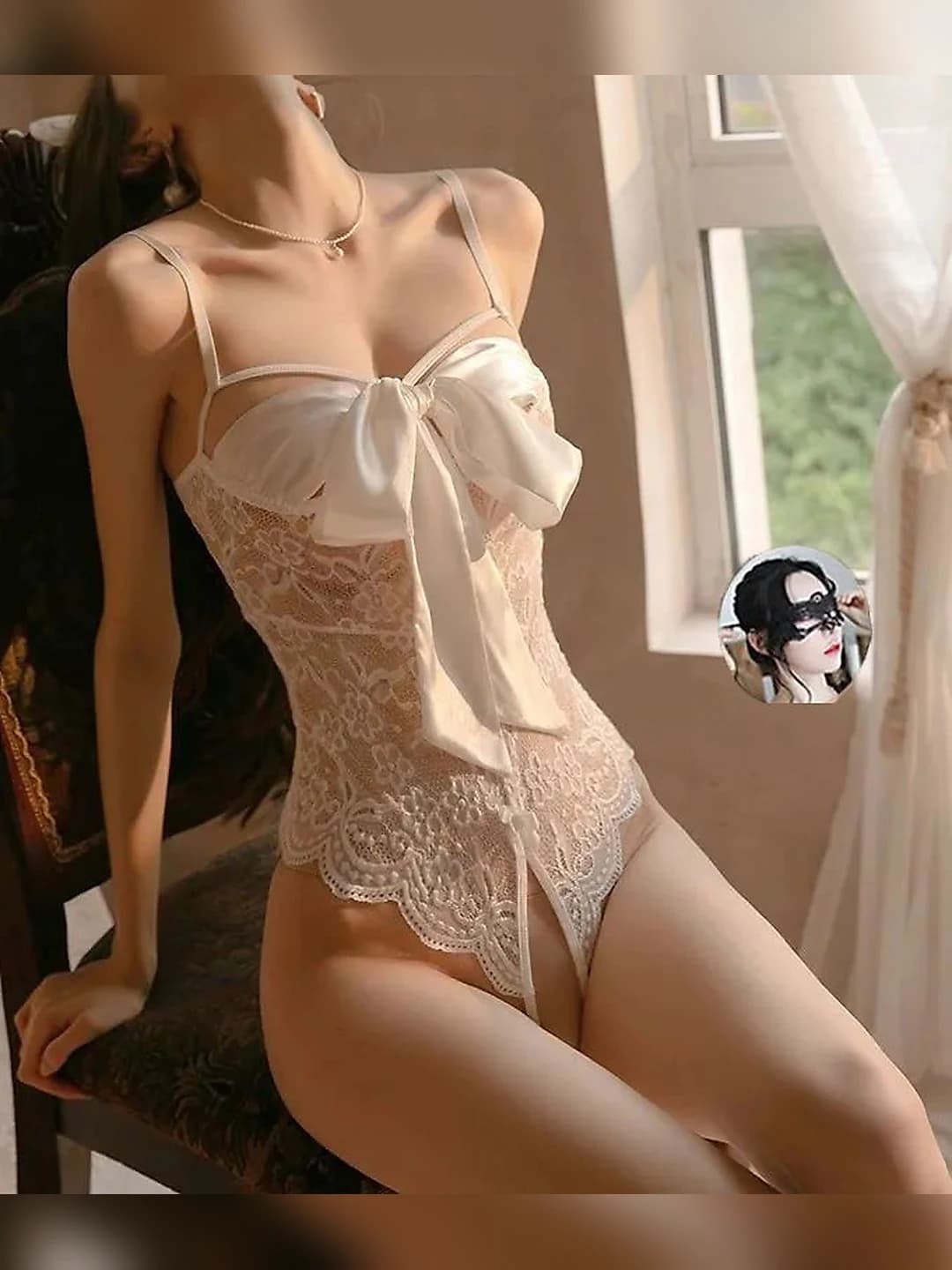 White bow + open bodysuit + eye mask
