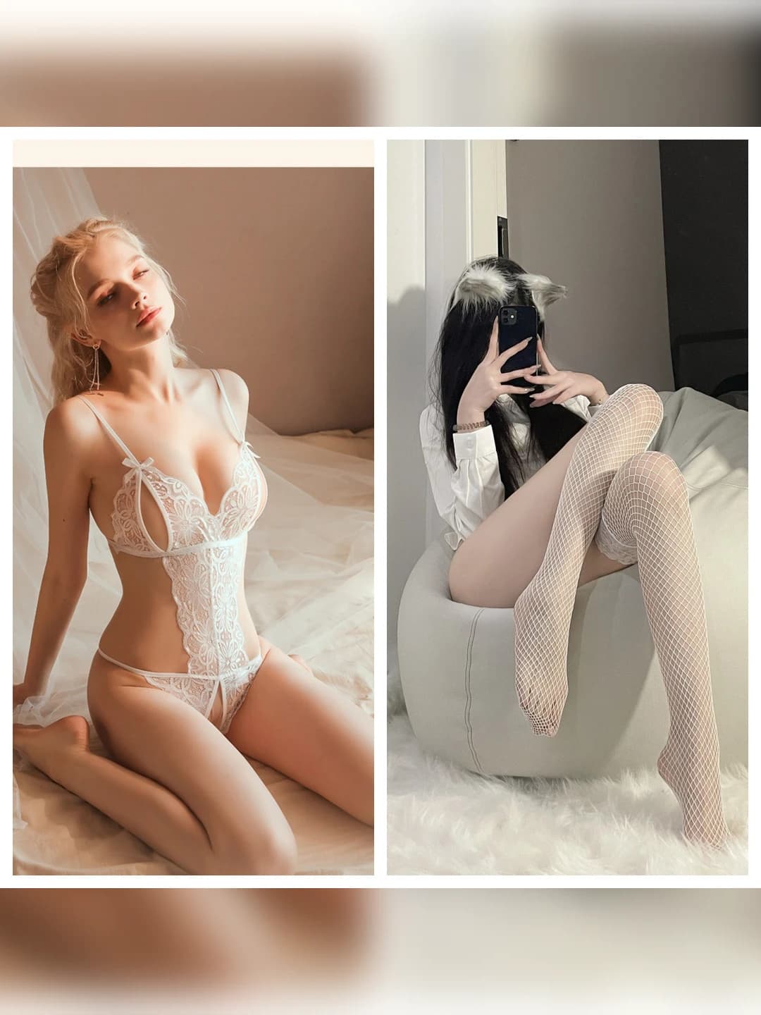 Белый + Белые сетчатые чулки