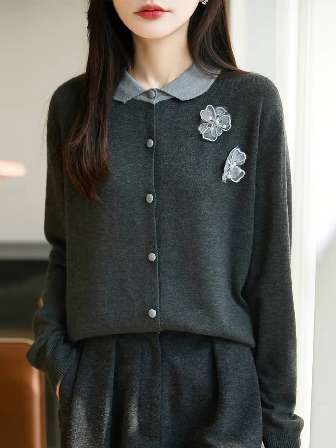 Women's knit cardigan, autumn-winter, long sleeve, 30% wool, 30-50% polyester, thick, regular fit, peter pan collar, floral pattern, color block, button closure