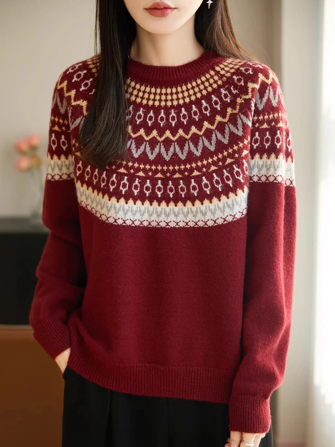 Ayollar uchun Fair Isle sviter, yarim baland yoqa, uzun yeng, bo'sh (oversize) kesim, Andy vel mato, kundalik uslub