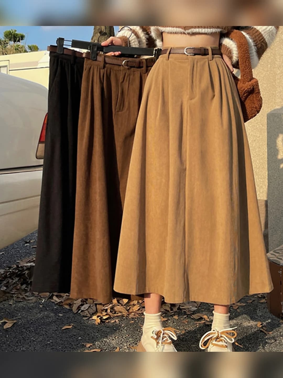 Women's A-line corduroy skirt, autumn-winter 2026, Korean style, high waist, slimming, long, retro, solid colour
