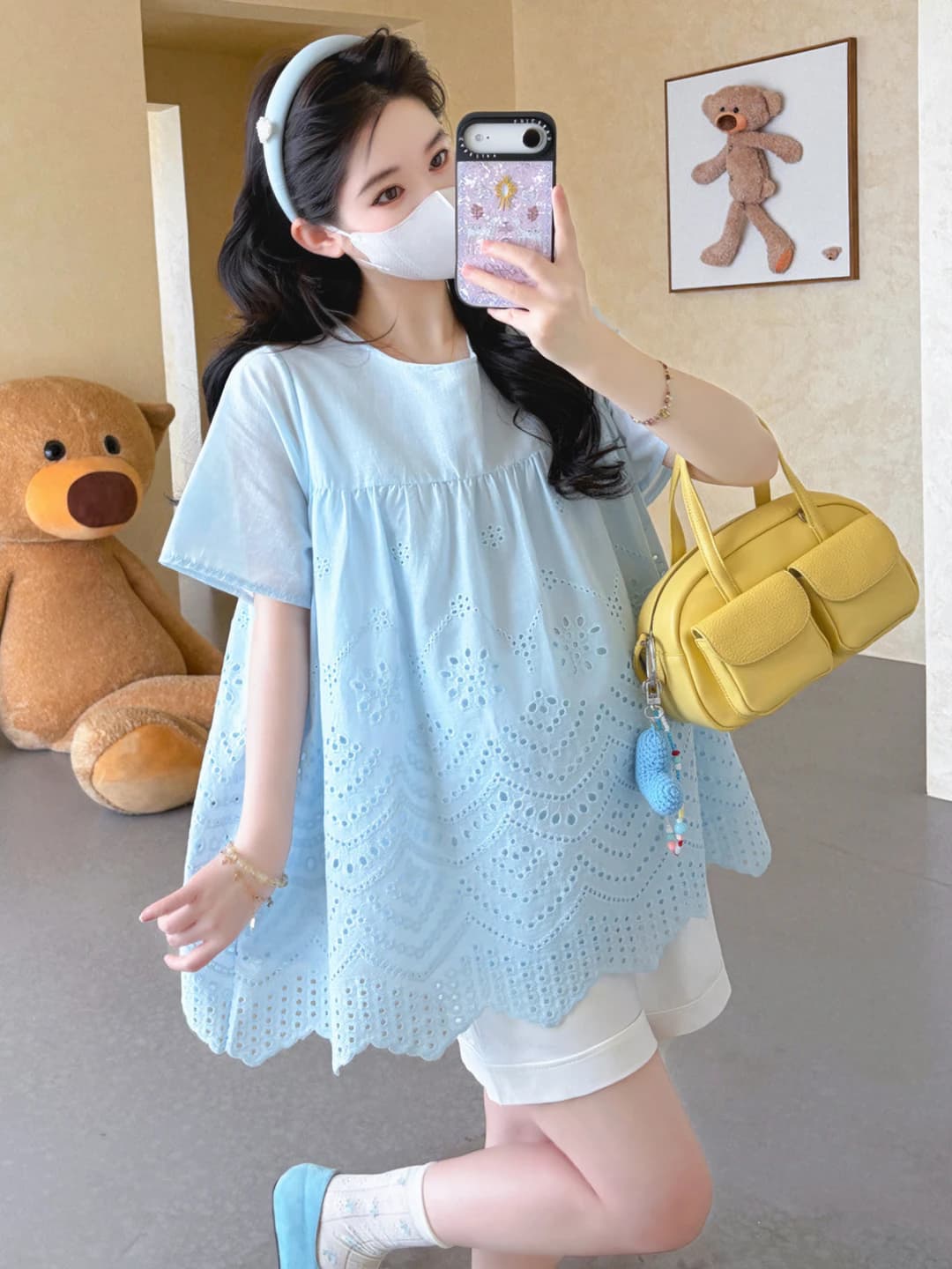 Blue top + white shorts
