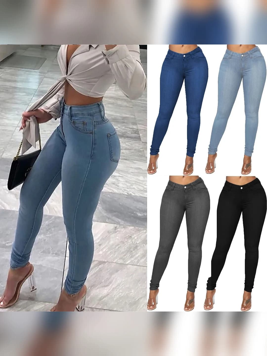Women's high waist straight cut long jeans, plus size, non-iron