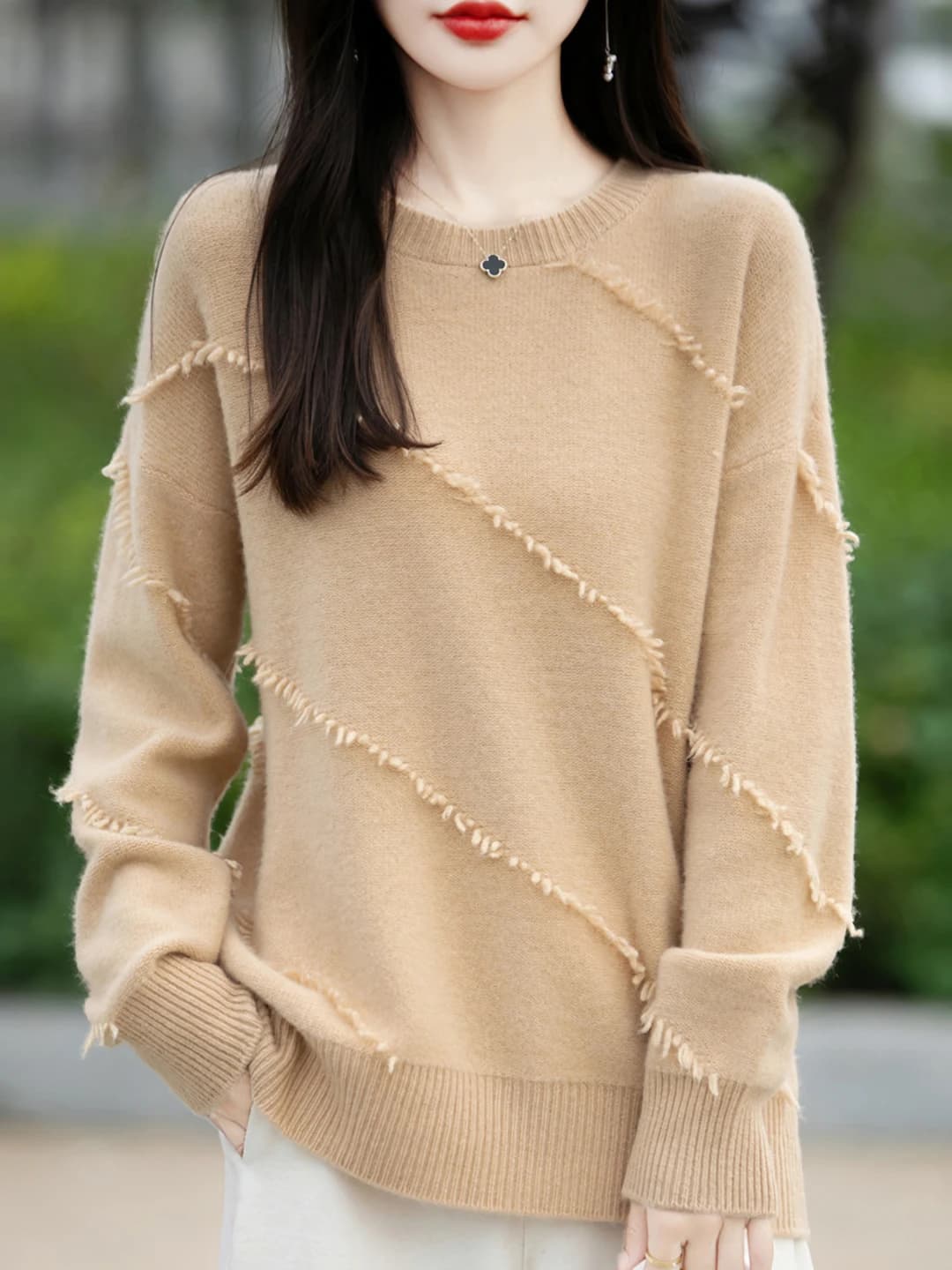 Women's autumn-winter crew neck, long sleeve, loose fit, solid colour wool sweater
