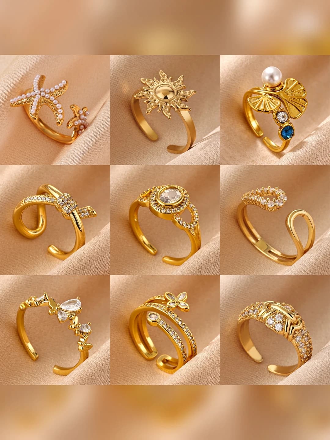 Women's 18k gold plated ring, square shape, hollow design, rhinestone set, retro style