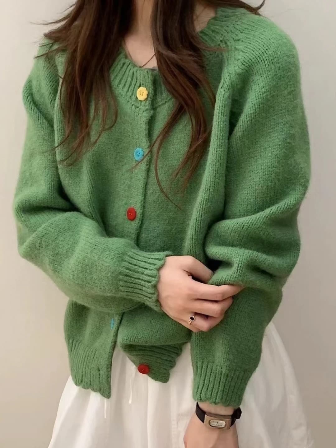 Women's autumn knit cardigan: solid colour, loose fit, crew neck, long sleeve, soft fabric