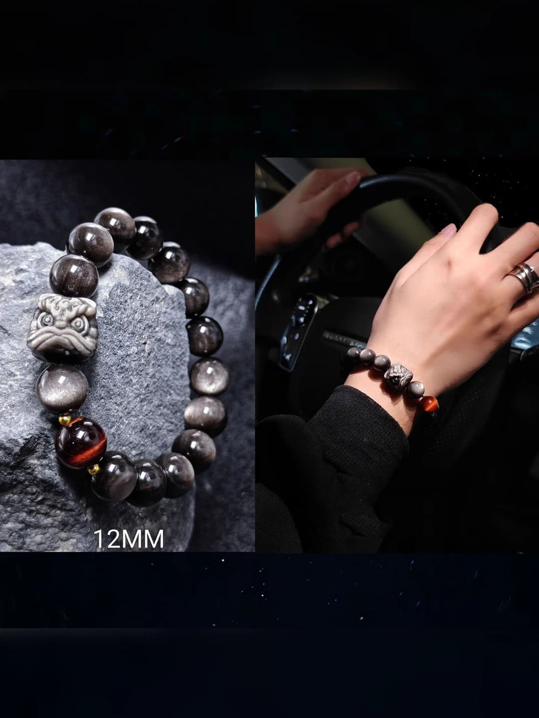 Kumush obid asad oq obsidian 12mm+Dragon crystal