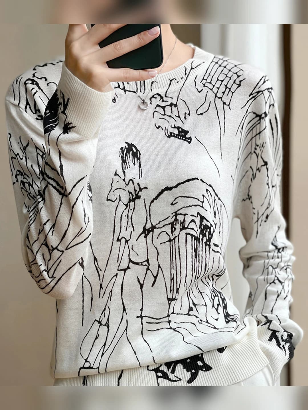 Women's spring-summer knit top, crew neck, long sleeve, wool, solid colour, girly style