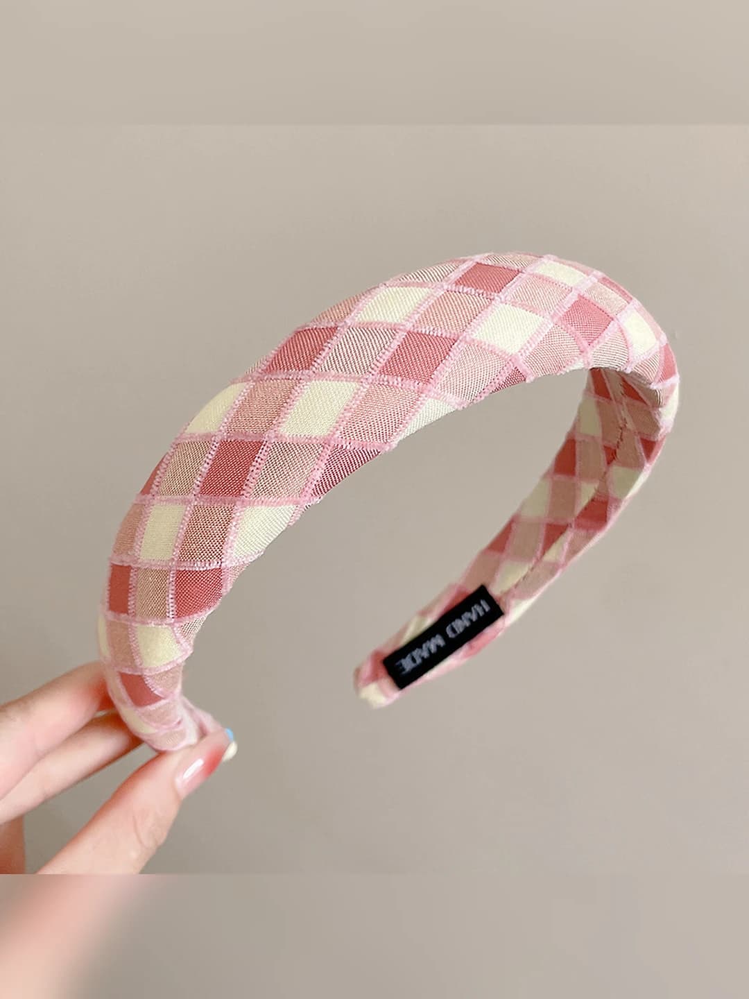 Pink plaid wide-brim headband