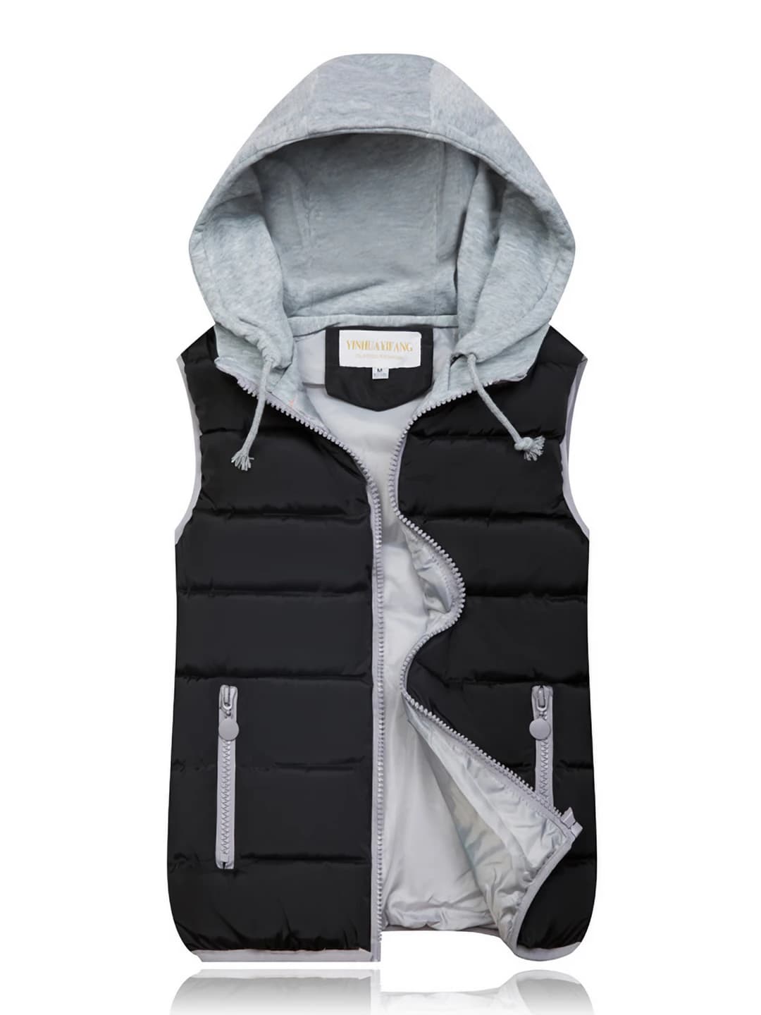 Women's Korean style hooded padded vest with down-alternative fill, stand collar, solid colour, plus size