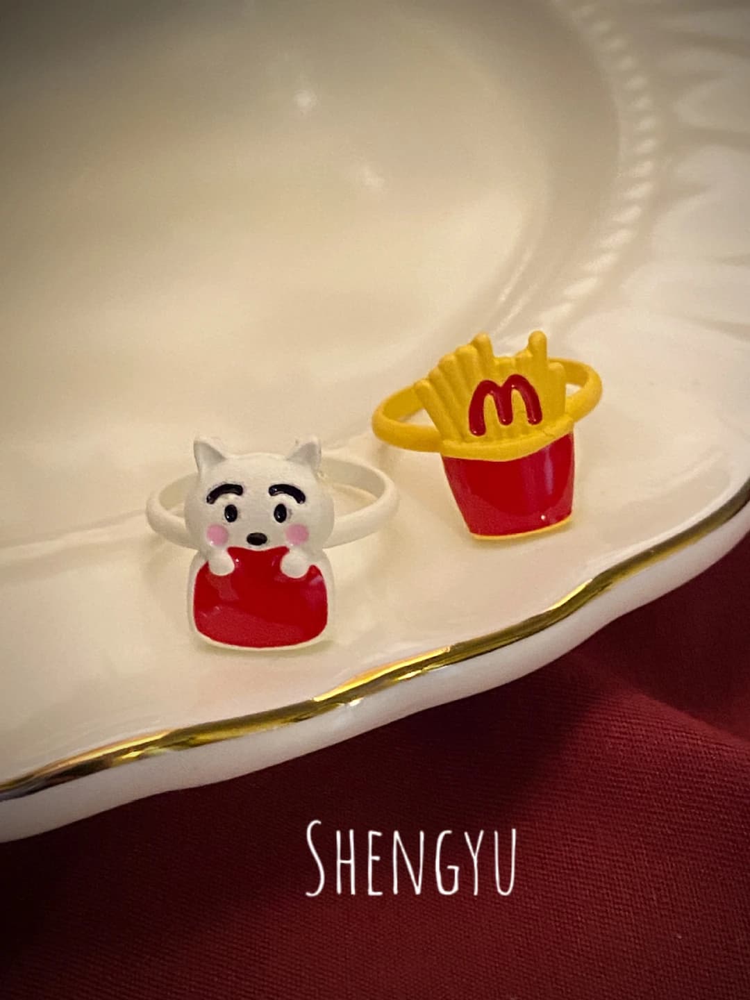 Open ring for index finger for women: cartoon fries and dog design, alloy, geometric shape, electroplating, original design