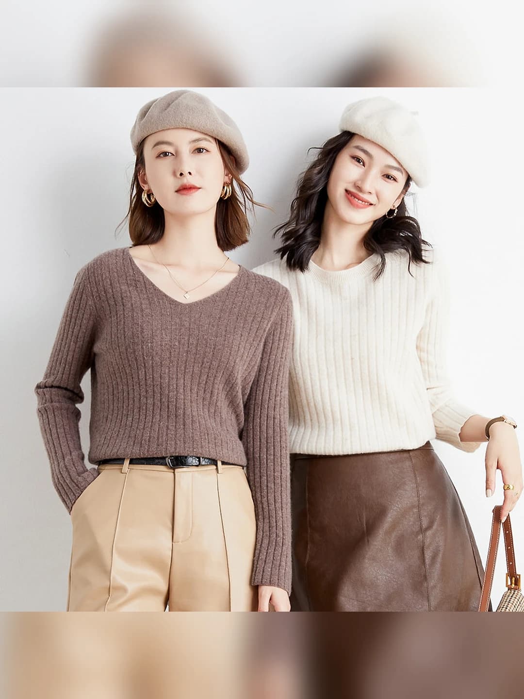 Women's V-neck and crew neck ribbed knit top, slim fit, long sleeve, solid colour, autumn-winter