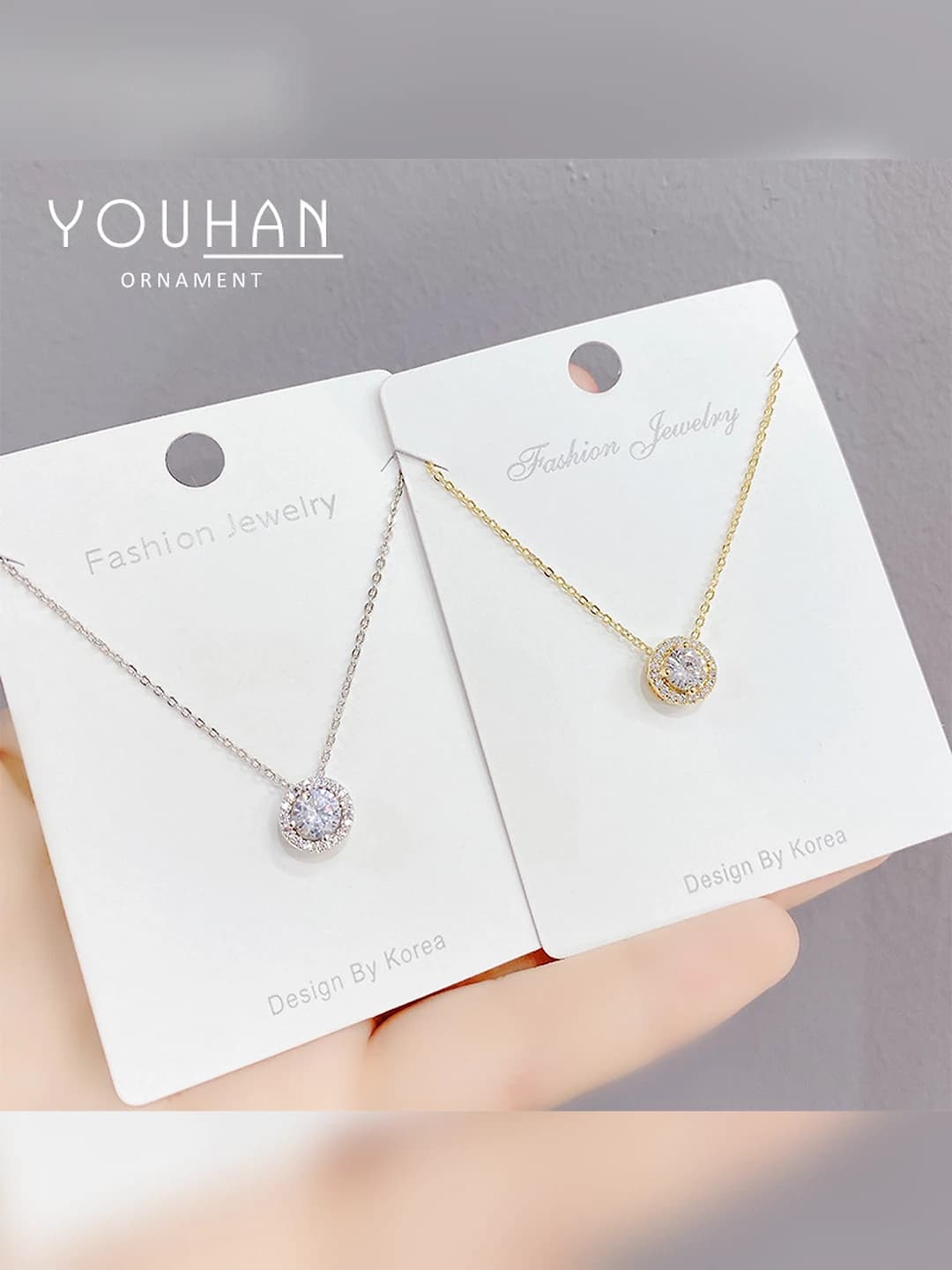 Women's pendant necklace with zircon in Korean style, geometric shape, copper material, electroplating, 51-80 cm
