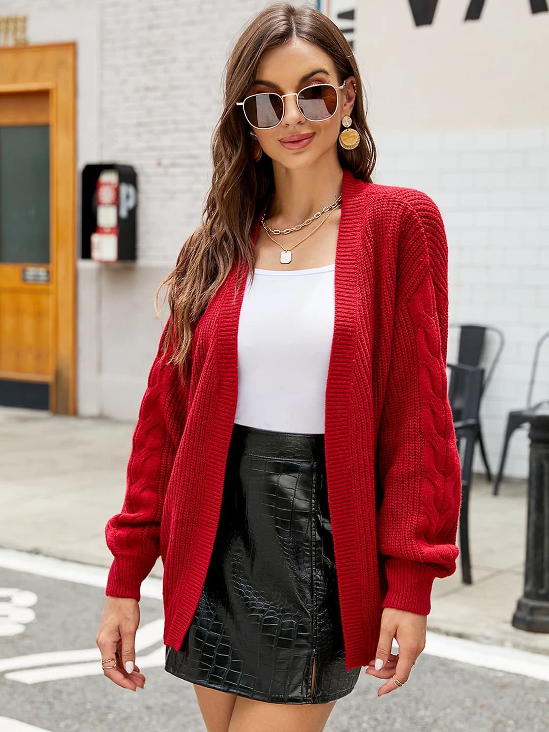 Women's cashmere cardigan, autumn-winter, V-neck, cable knit, solid colour, loose fit, long sleeve, mid-length