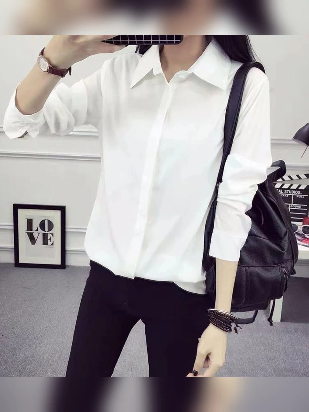 White, long sleeve, hidden buttons