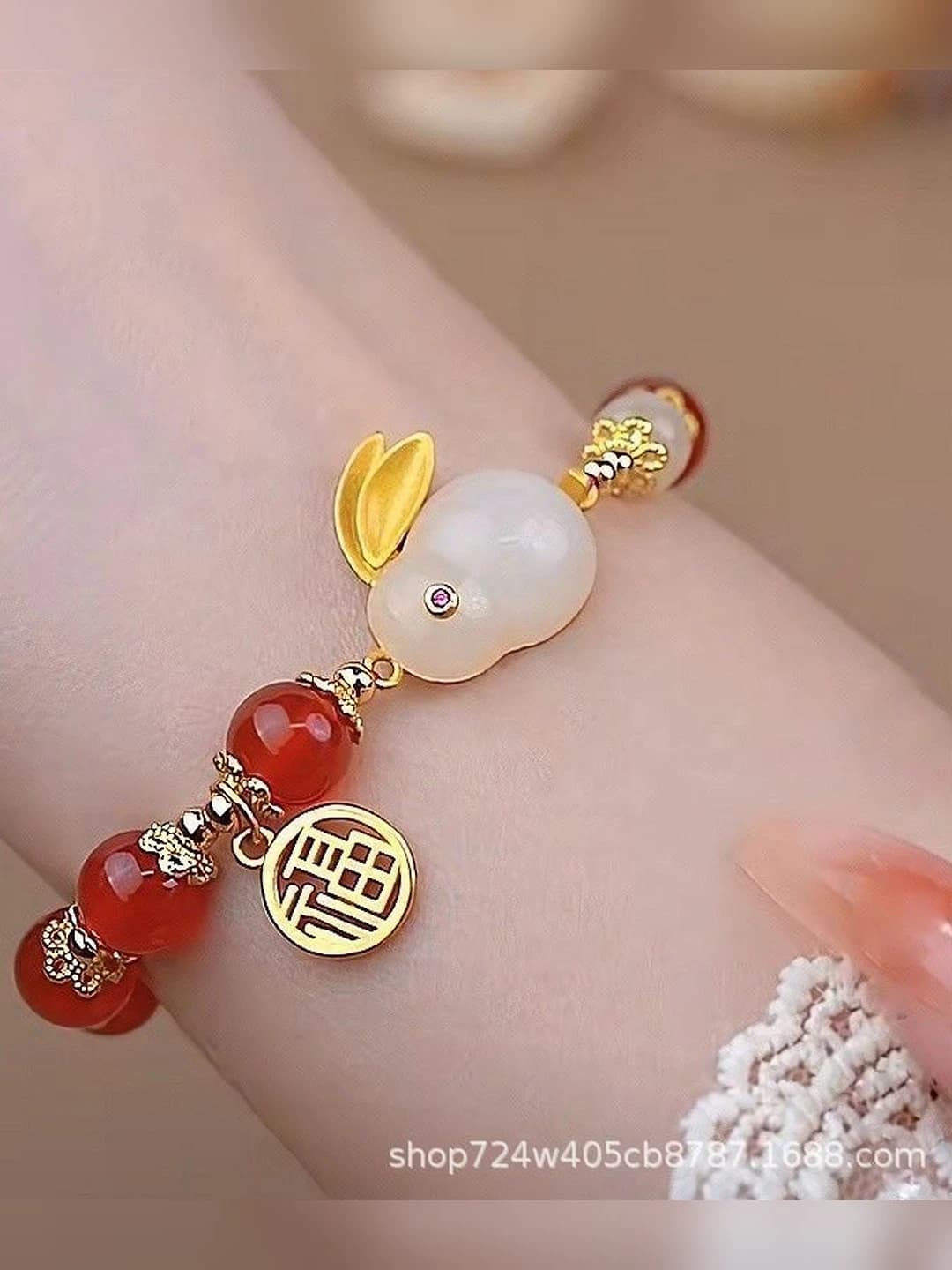 Red beads jade rabbit bracelet