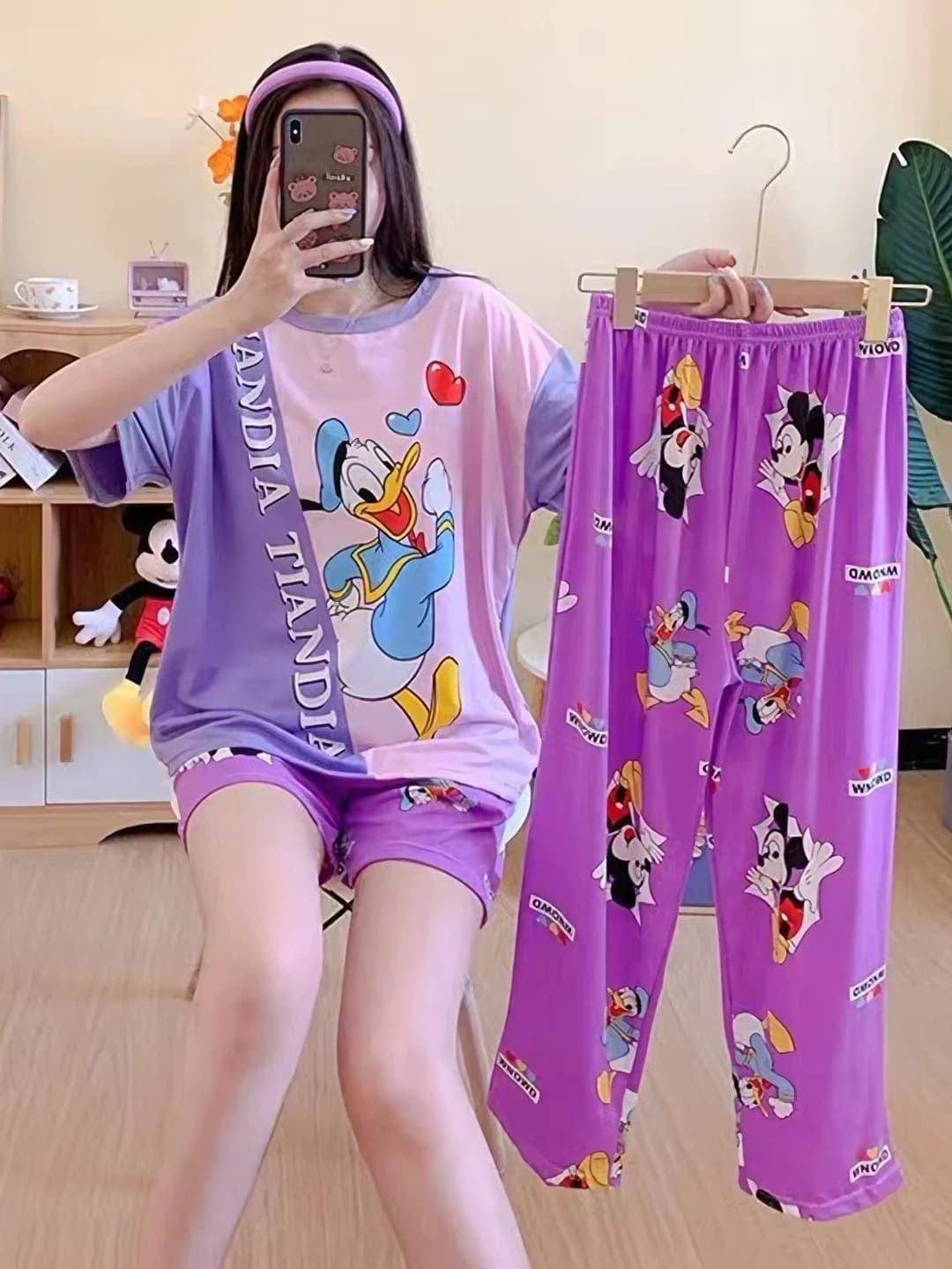 Ayollar uchun yozgi pijama to'plami: dumaloq yoqa, kalta yeng, uzun shim, elastik, havo o'tkazuvchan, to'rt mavsum uchun