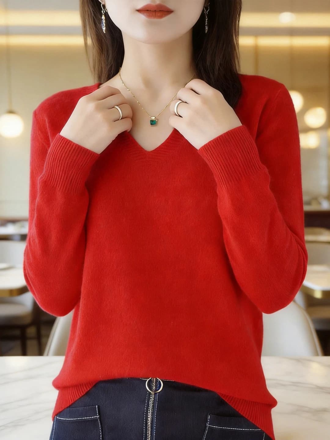 Women's 2026 thin V-neck solid colour sweater, long sleeve, loose fit, slimming, summer