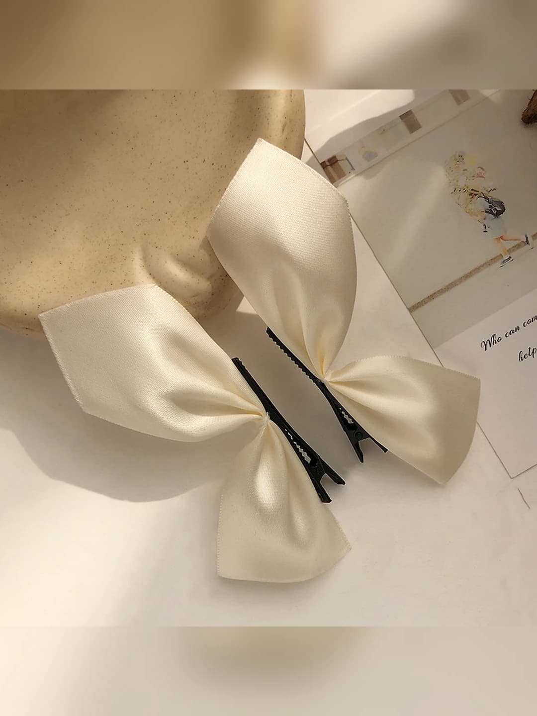 Satin bow hairclip, white, 2 pcs