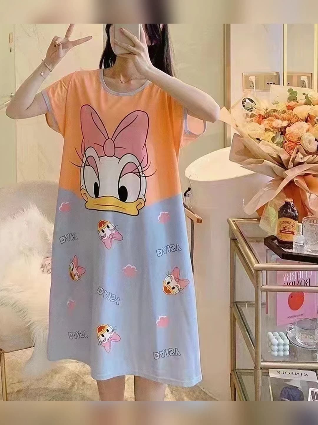 Women's summer thin short sleeve stretch nightgown, crew neck, loose fit loungewear