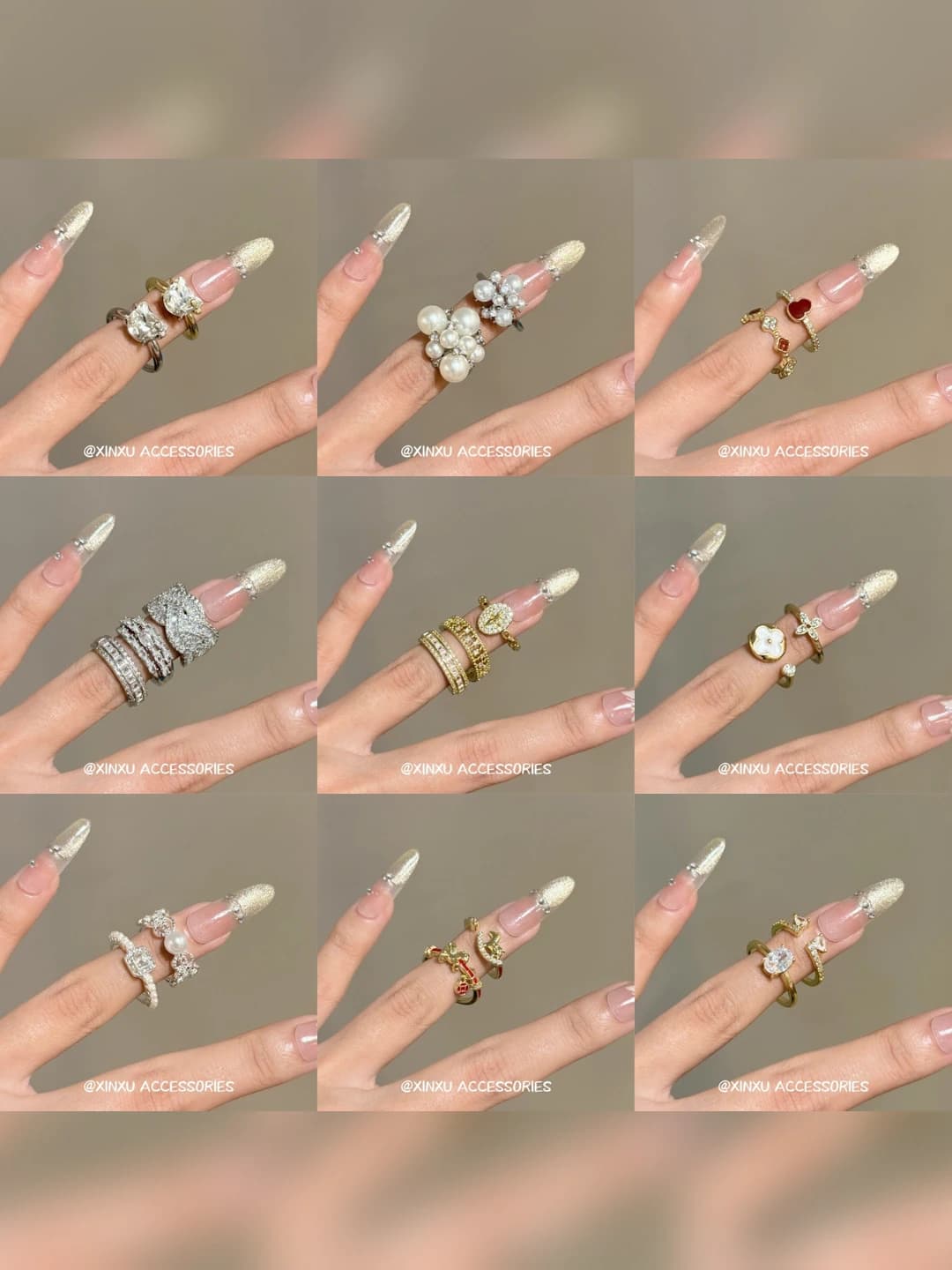 Women's geometric ring with gold plating, crystals and pearls, minimalist luxury design for stacking