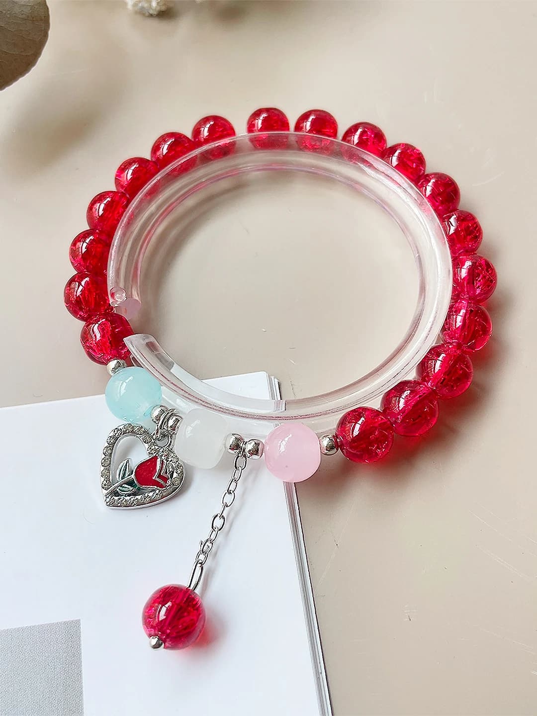 Red multicolour heart flower bracelet