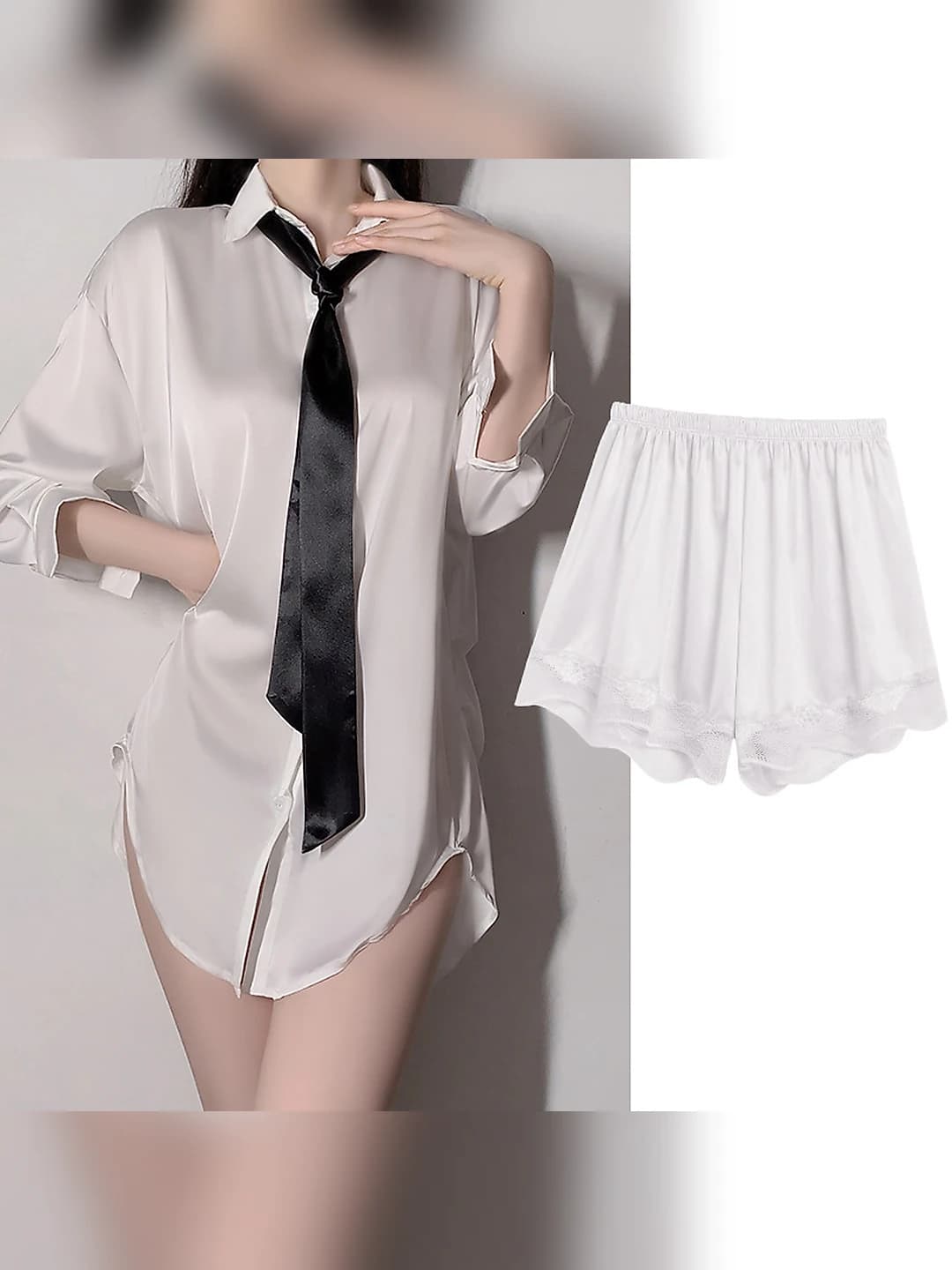 White shirt + tie + white shorts