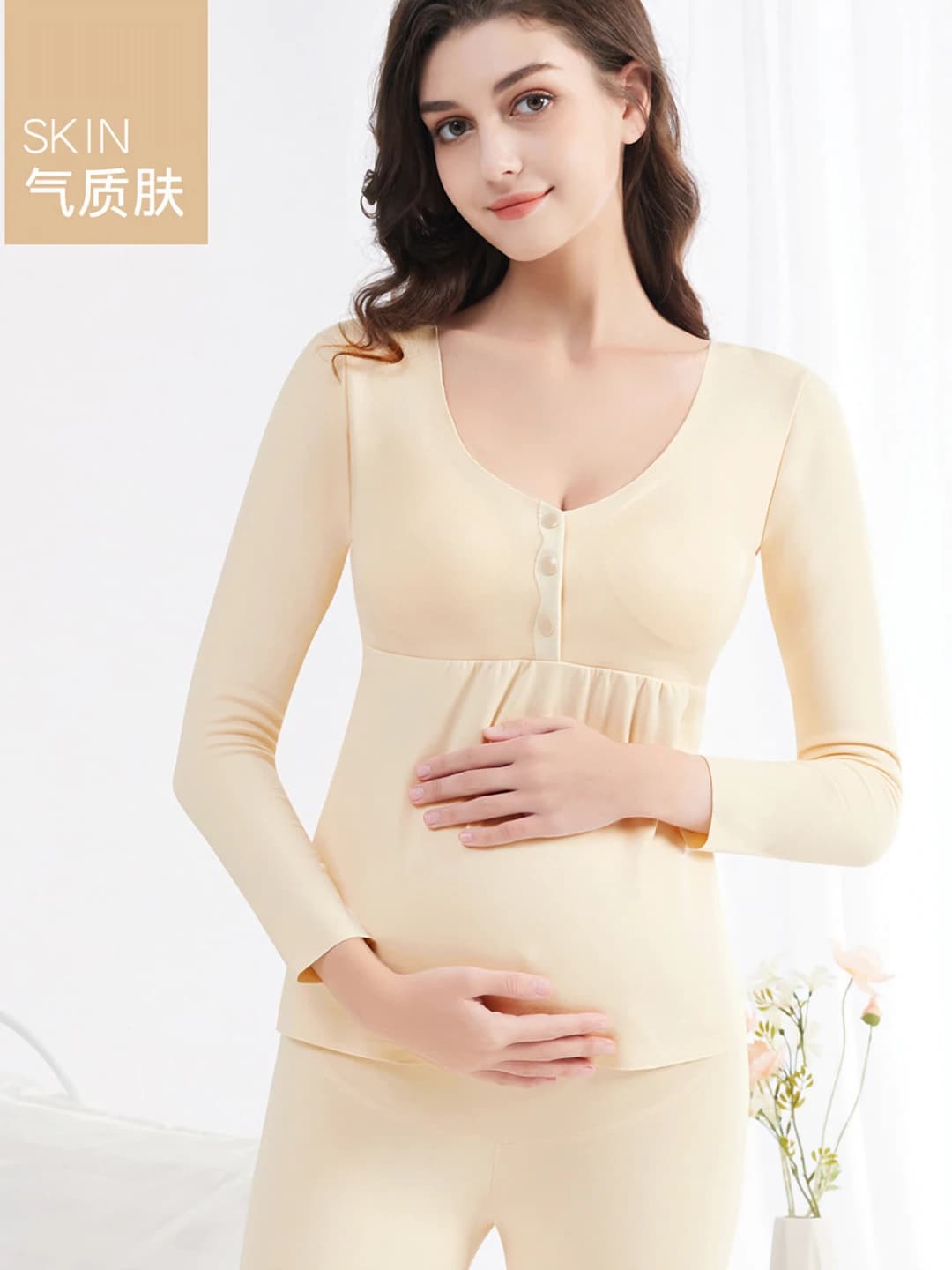 Women's warm, thickened, fleece-lined, front-button, long sleeve, autumn-winter maternity nursing top