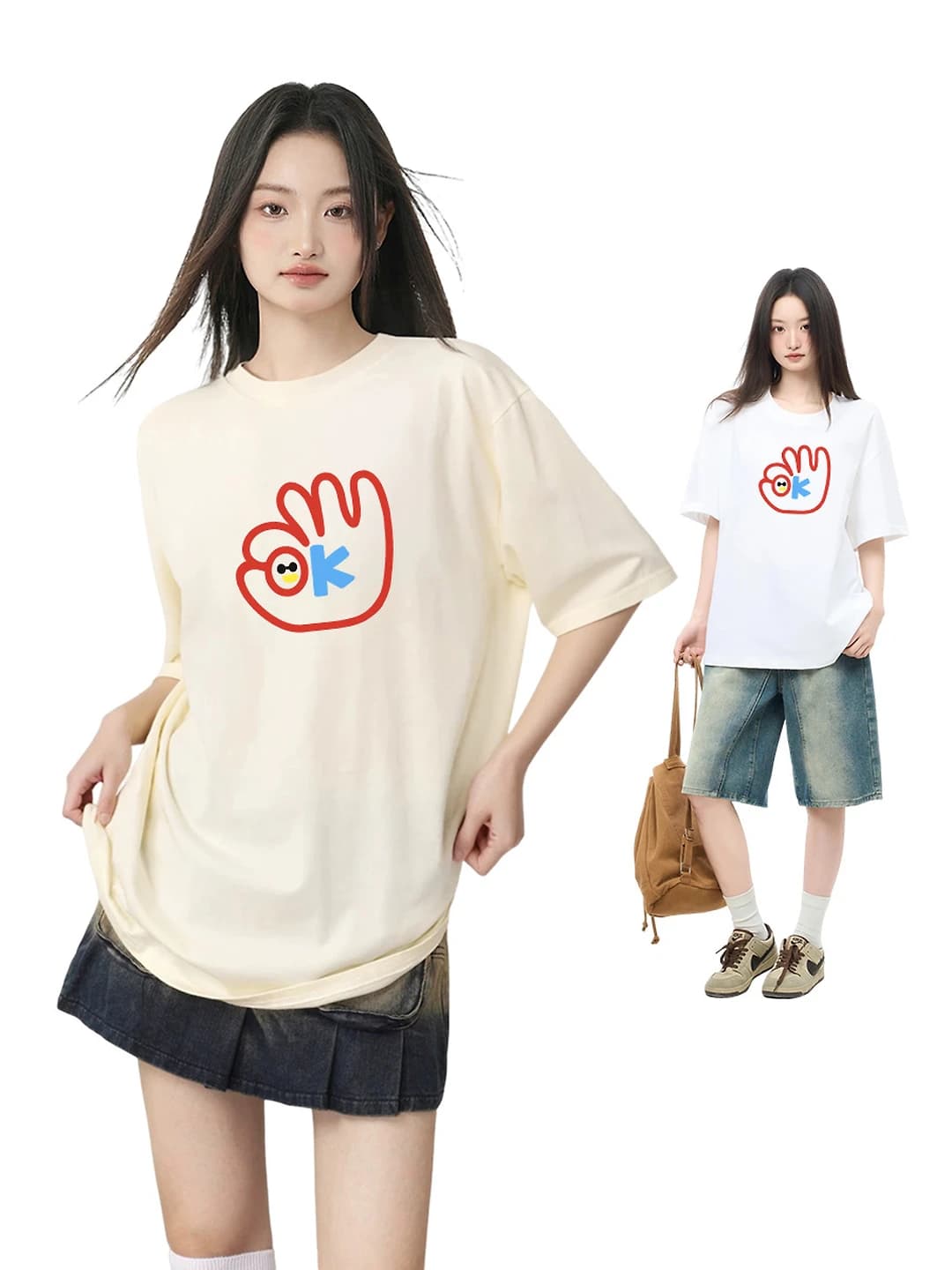 Women's pure cotton t-shirt, crew neck, printed, loose fit, short sleeve, mid-length