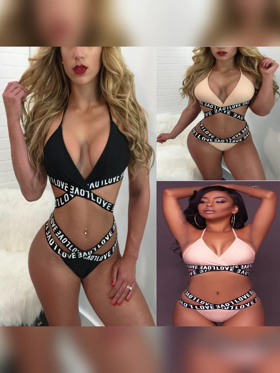 Women's letter-strap separate swimsuit, polyester fabric, sports style bikini set