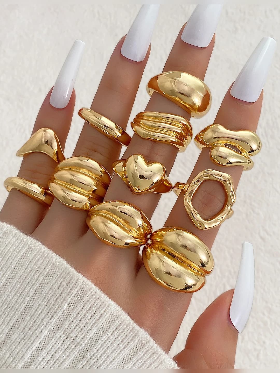 Women's retro style geometric metal lava line ring, asymmetric open ring, 11-piece set