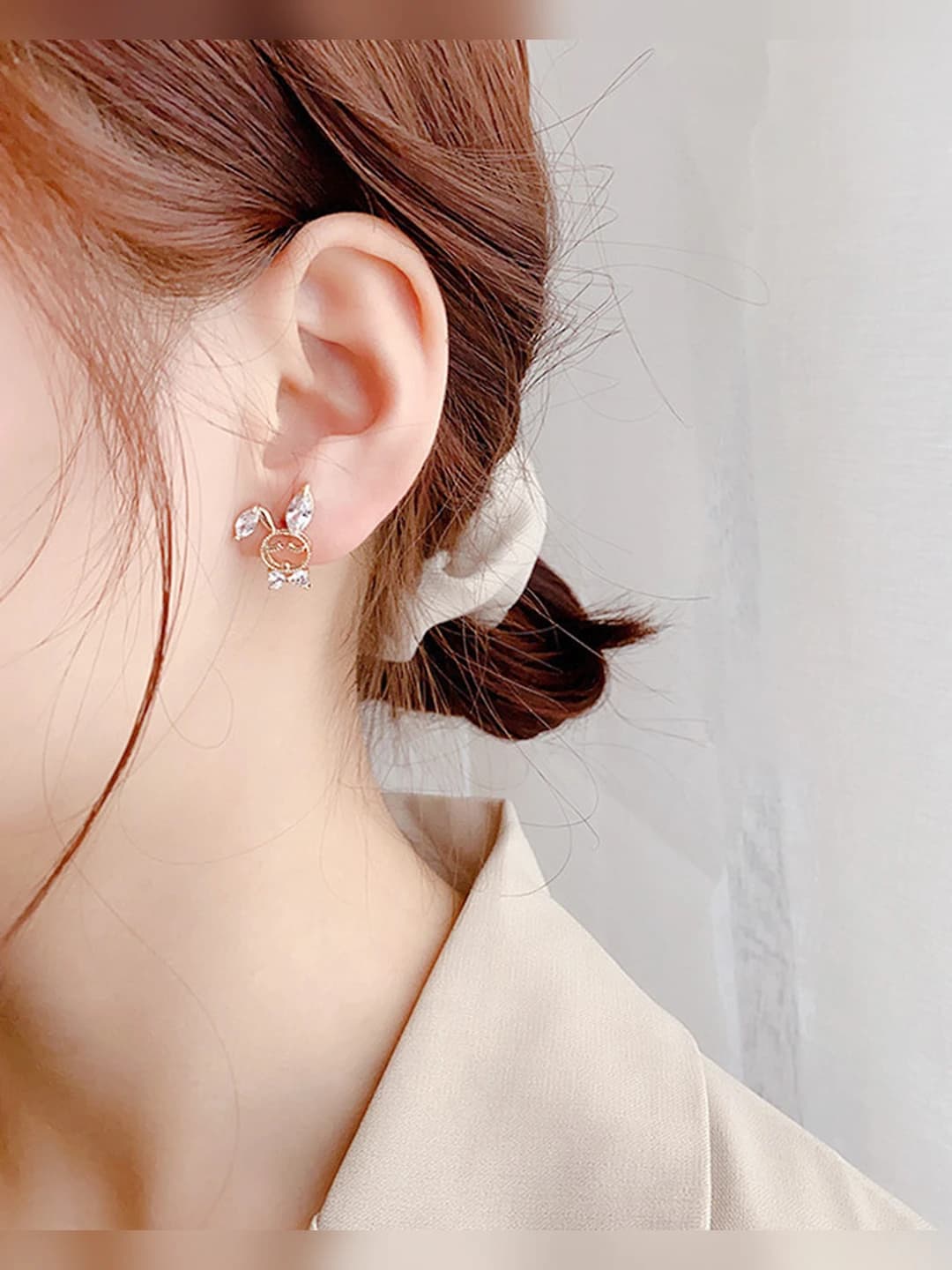 Women's earrings: asymmetric rabbit design, fairy style, 925 silver post, electroplated, sweet and delicate