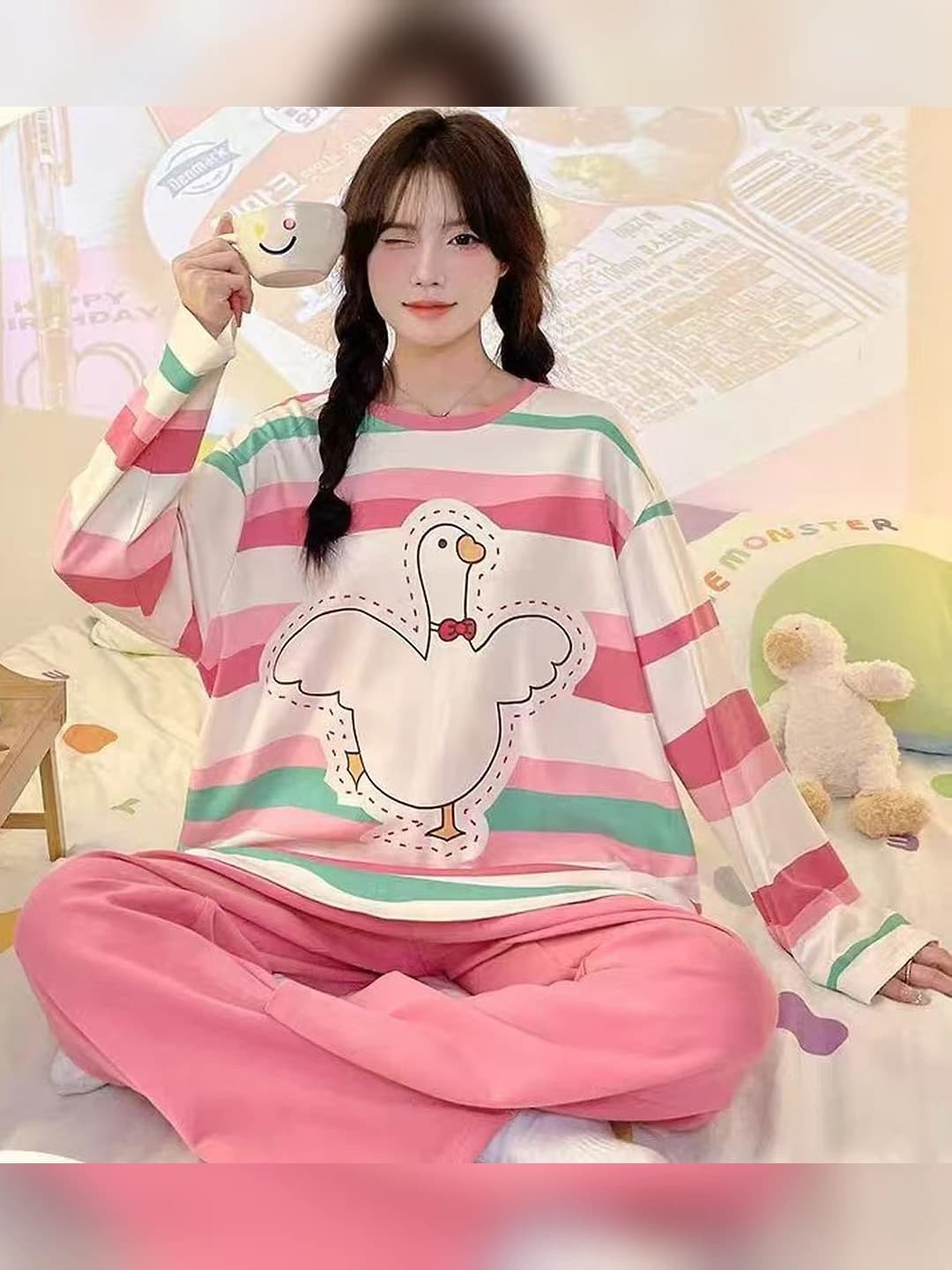 Ayollar uchun bo'sh pijama to'plami, dumaloq yoqa, uzun yeng