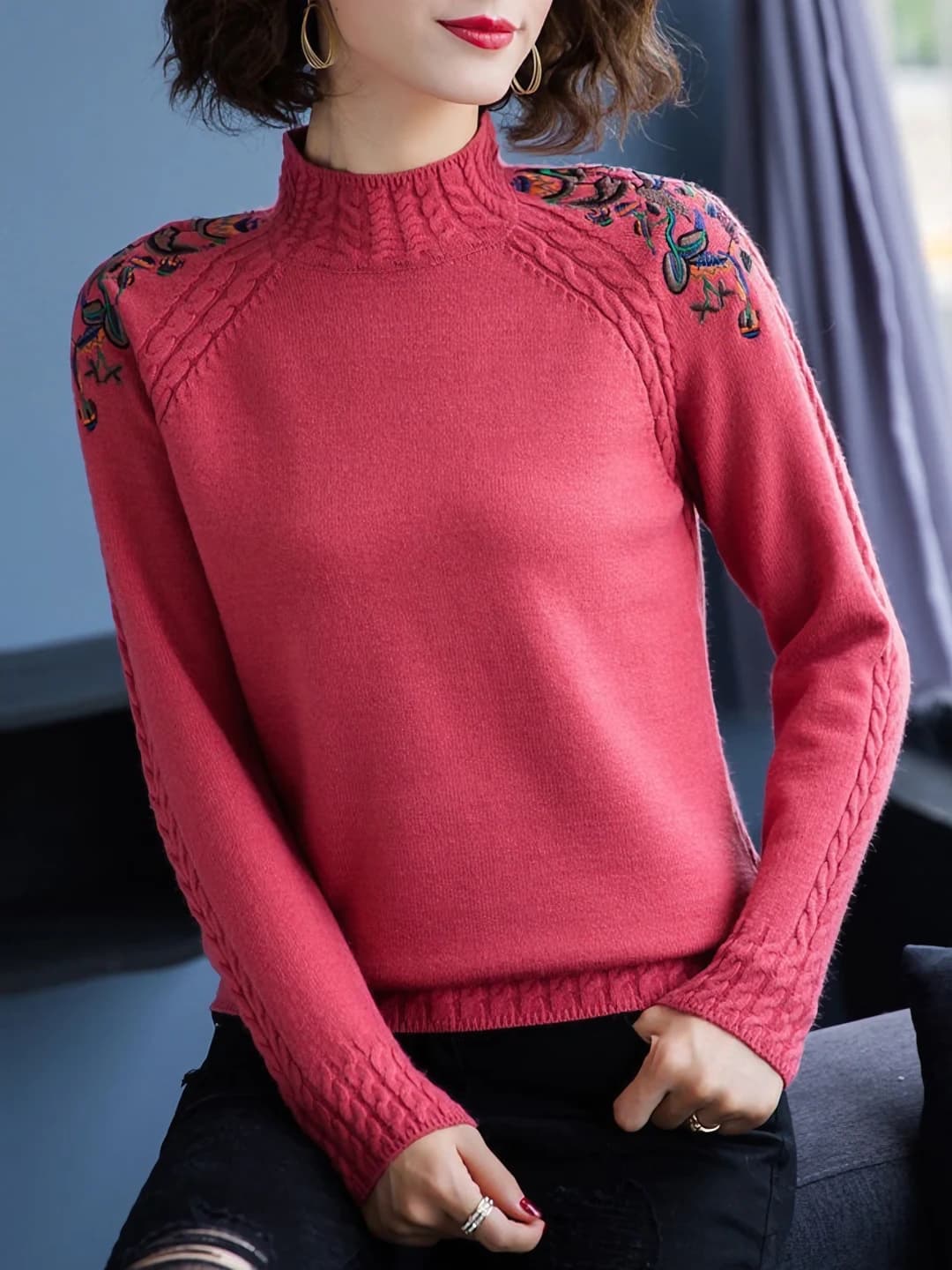 Women's 2026 autumn-winter cropped long sleeve loose fit embroidered mock neck sweater