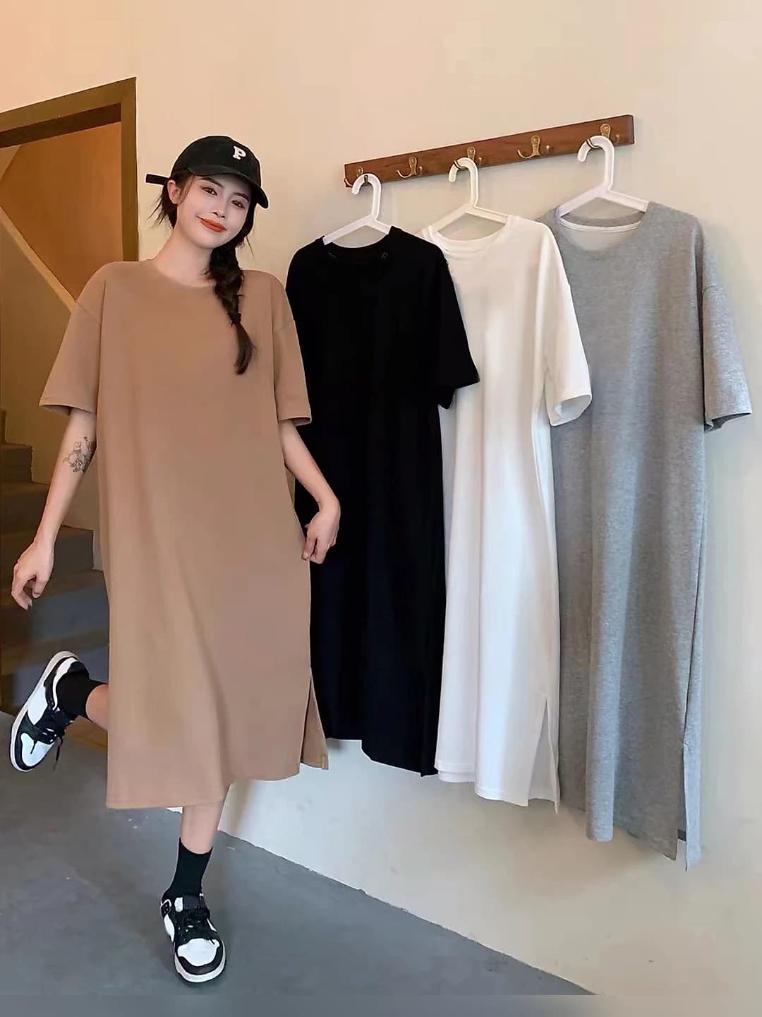 Women's summer plus size loose fit solid colour t-shirt dress, crew neck, short sleeve, long skirt, mid-length, casual
