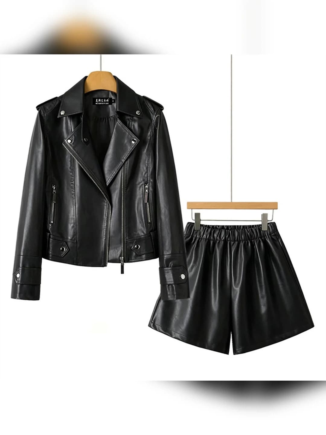 Women's PU leather jacket and shorts set, Korean style, lapel collar, long sleeve, cropped, solid colour, all-season
