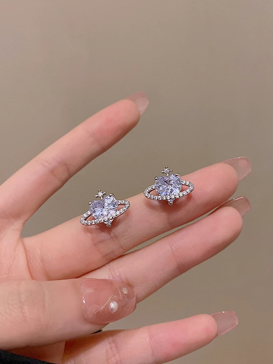 Women's heart-shaped zircon stud earrings with planet design element, Korean style, S925 silver posts