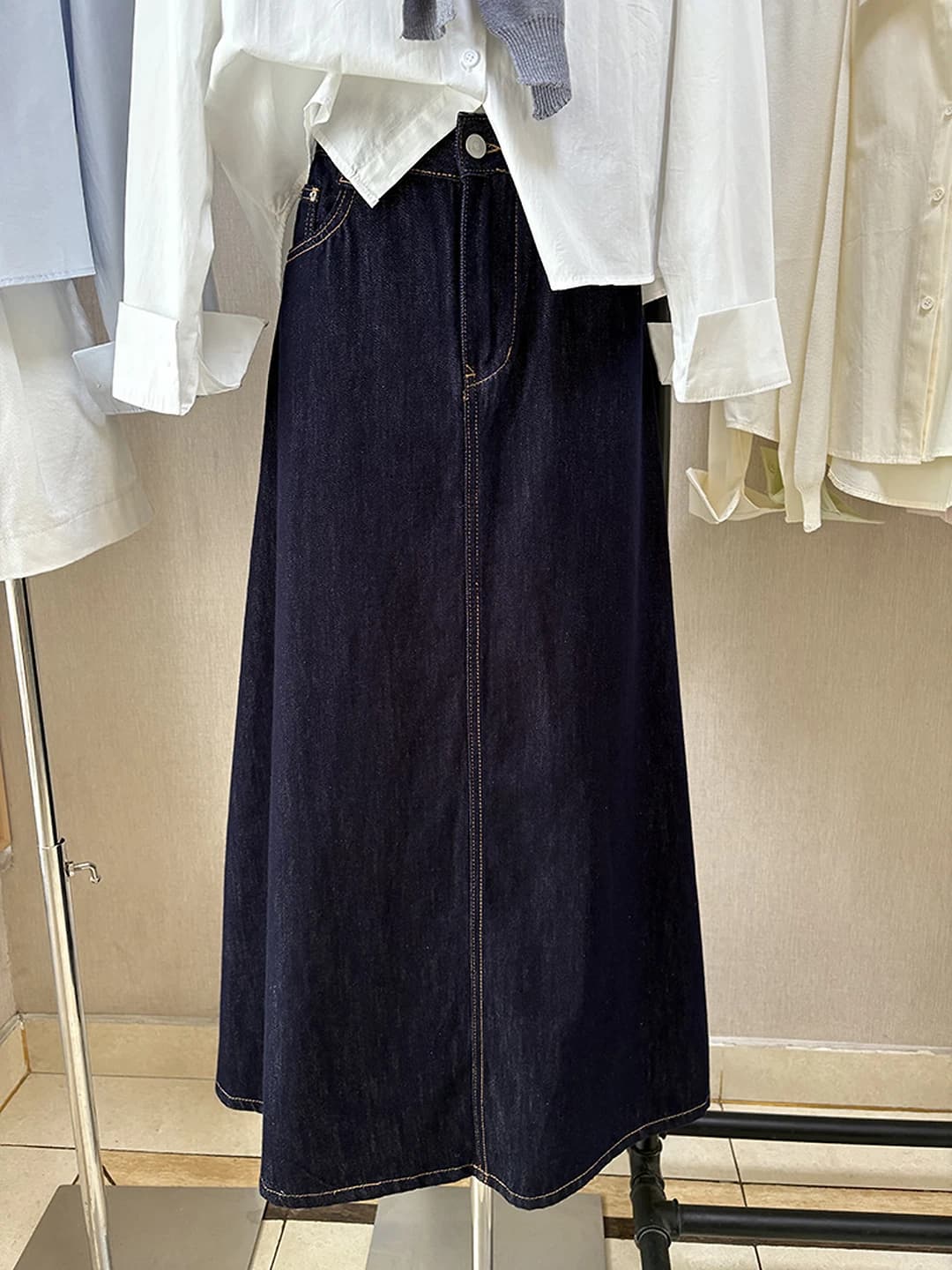 Women's 2026 spring-autumn Korean style retro high waist loose fit slimming A-line long denim skirt