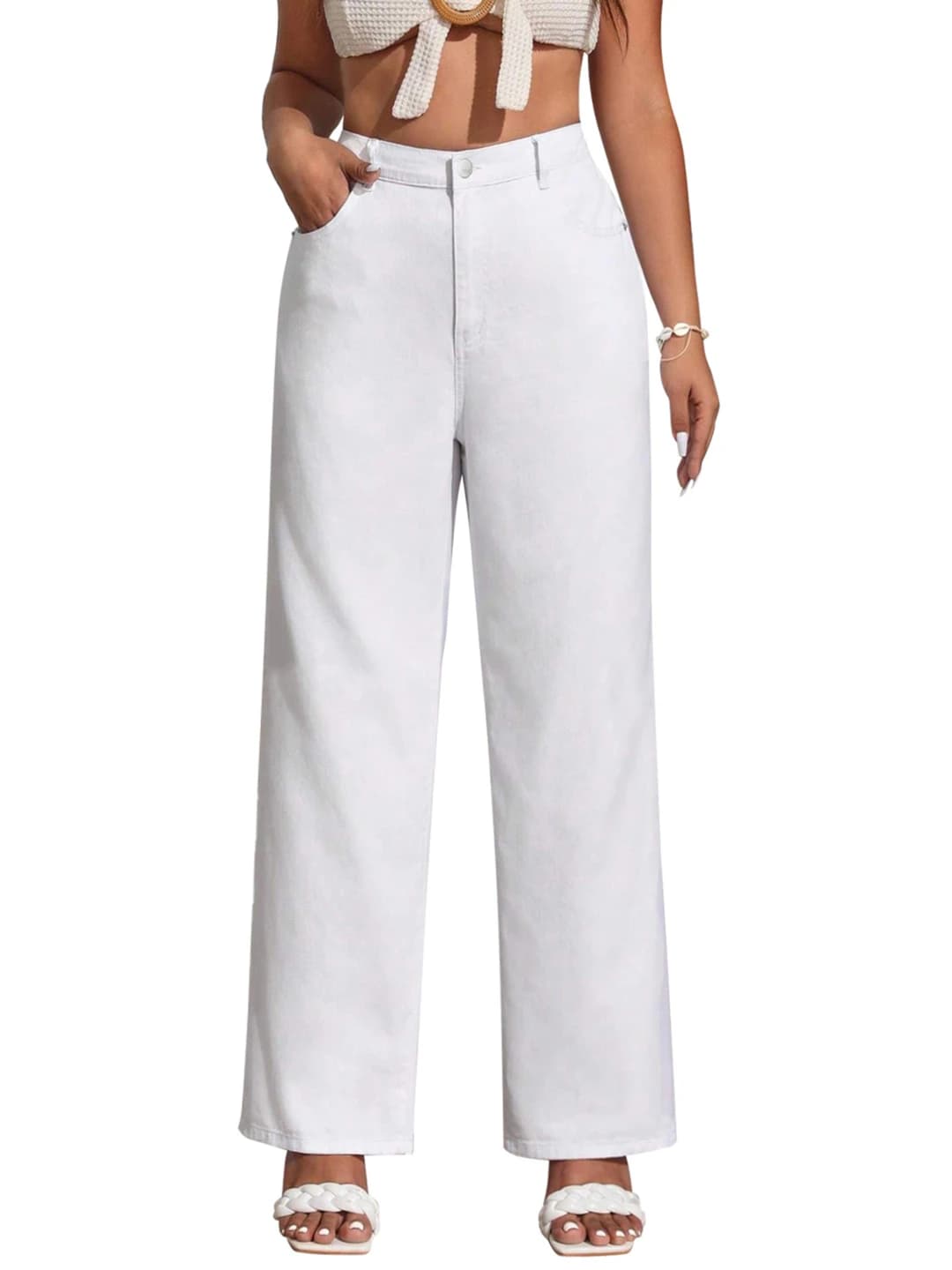 Women's white wide-leg jeans, high waist, long, casual style