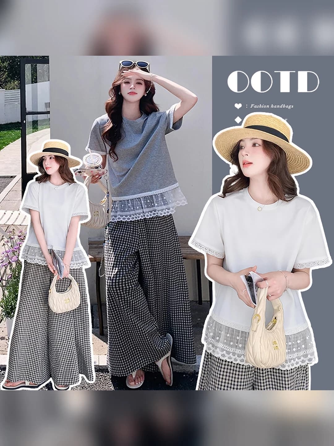 Women's 2026 summer petite slimming casual loose fit checked set: short sleeve, trousers, 50-70% cotton, less than 30% spandex, lace, patchwork pattern