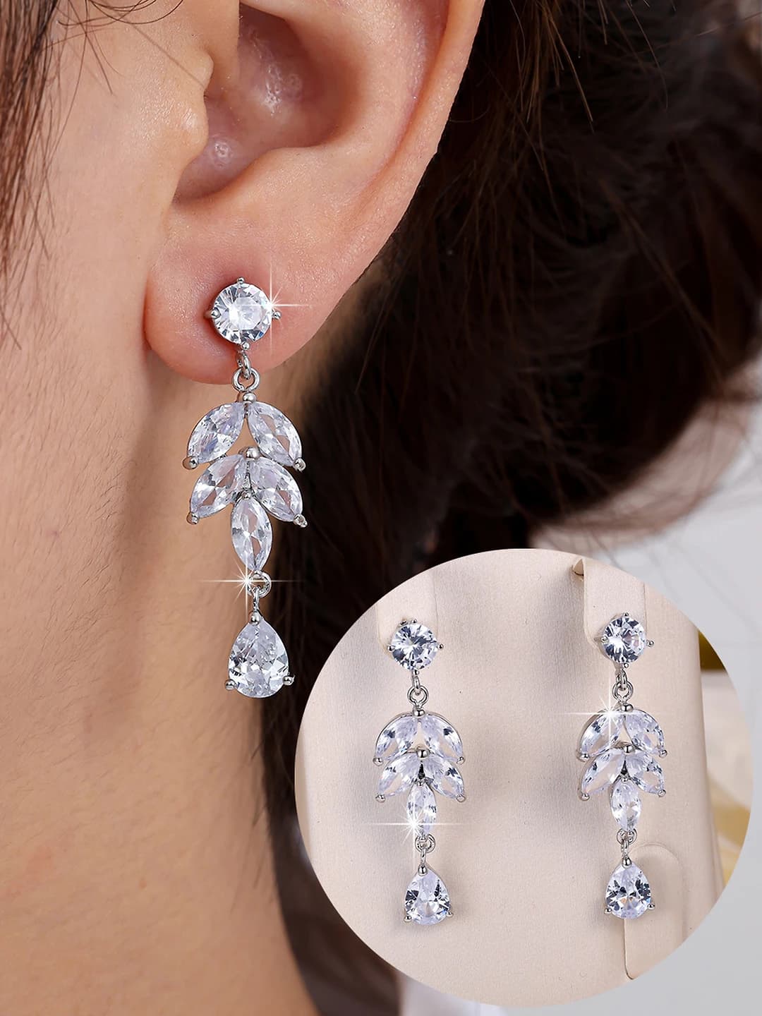 Women's long leaf-shaped earrings with zircon, elegant style for dresses and bridal gowns