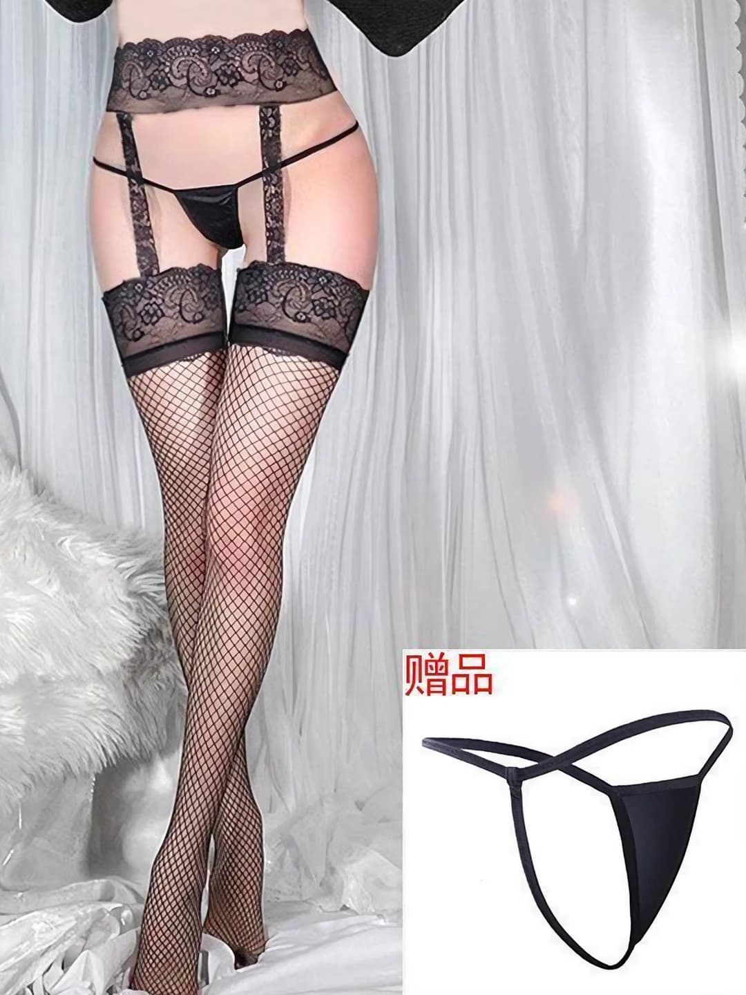 Fishnet stockings + thong
