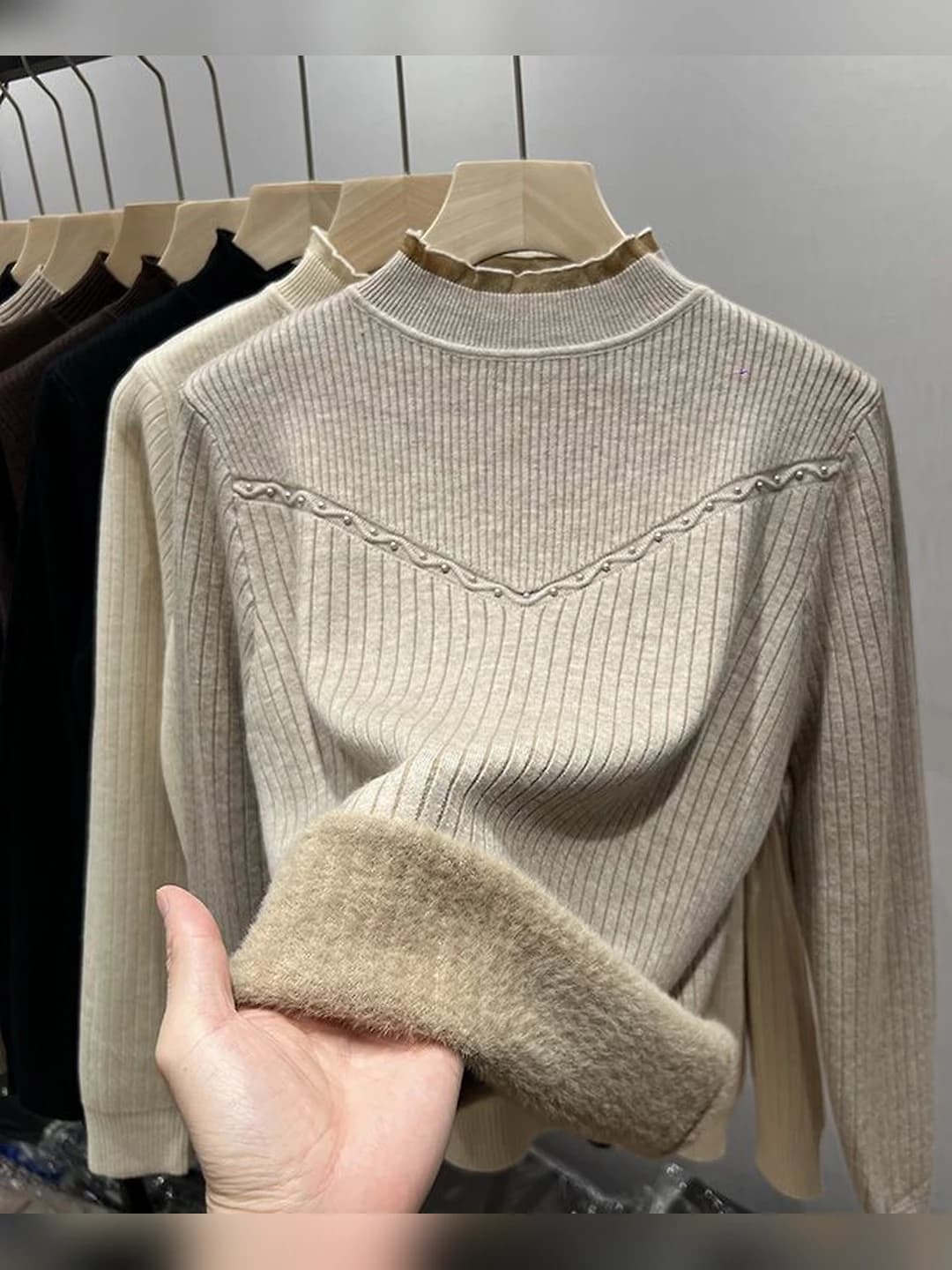 Women's fleece-lined, thickened mock neck sweater, autumn-winter, loose fit, long sleeve, warm
