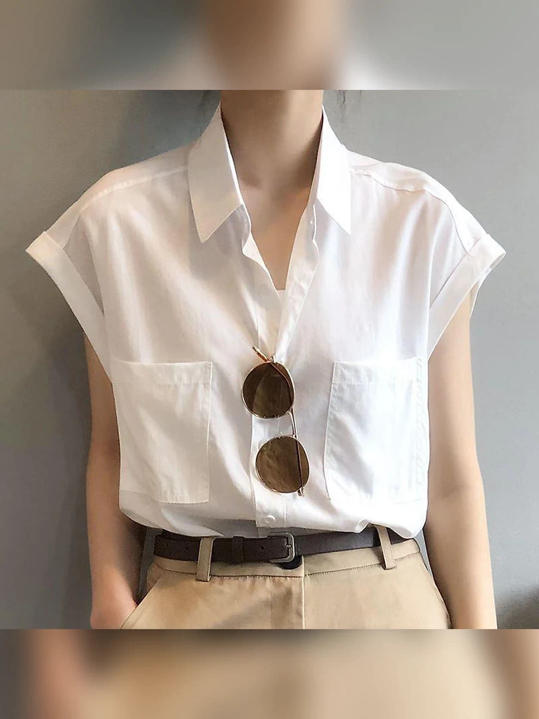 Ayollar uchun 2026 yilgi yupqa, bo'sh (oversize) retro uslubdagi yengsiz ko'ylak-shirt, POLO yoqali, yozgi