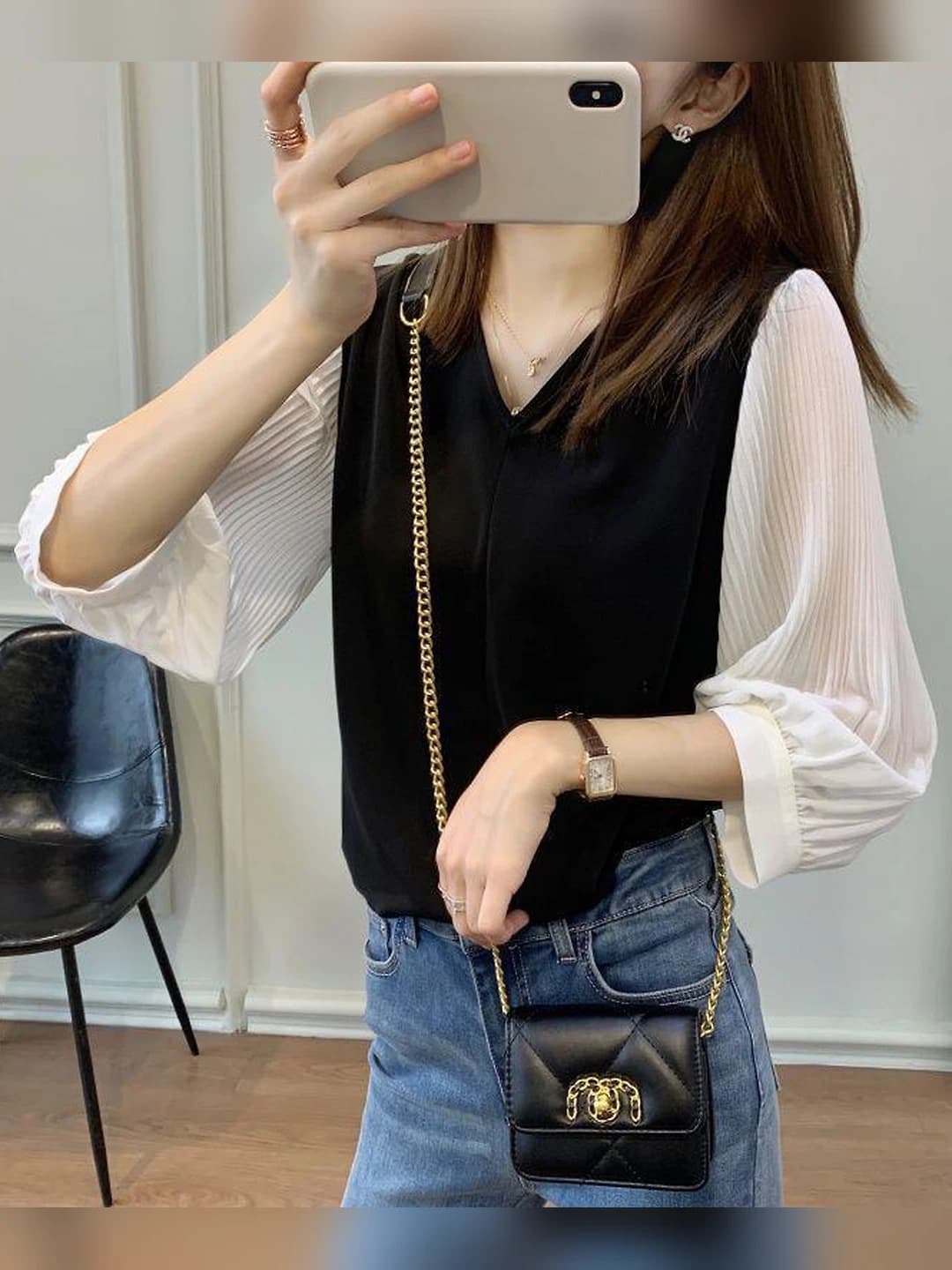 Women's pleated chiffon blouse, three-quarter sleeve, plus size, slimming, tummy control, V-neck, spring-summer