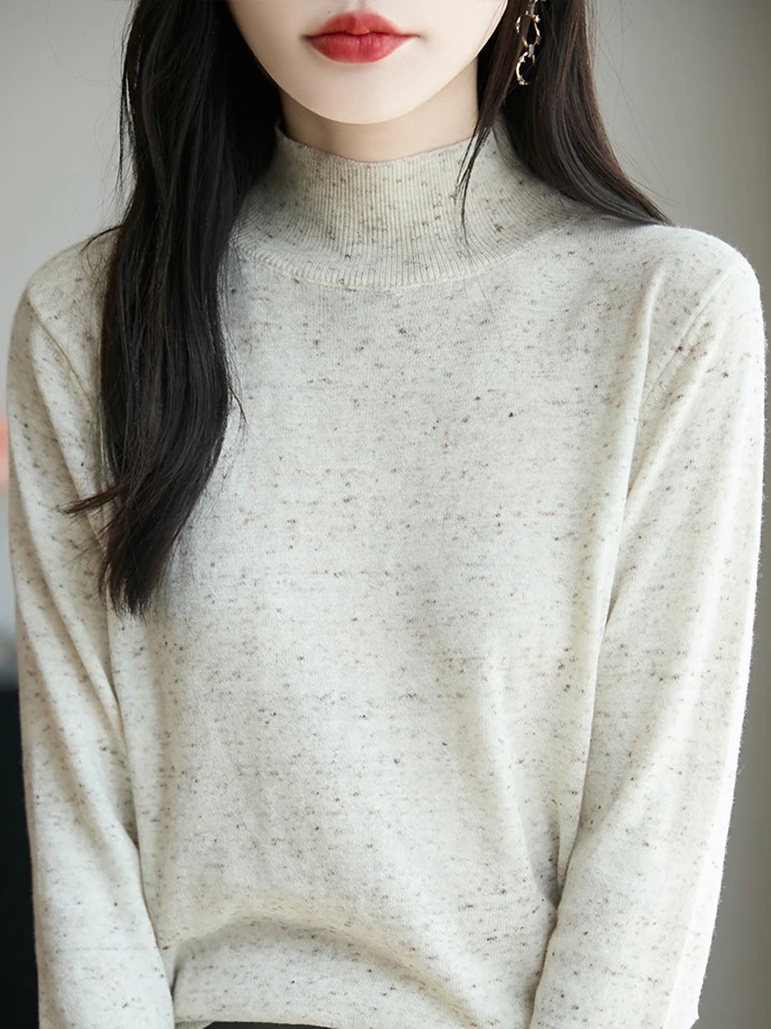 Women's wool sweater for autumn-winter with mock neck, long sleeve, loose fit, slimming, non-iron