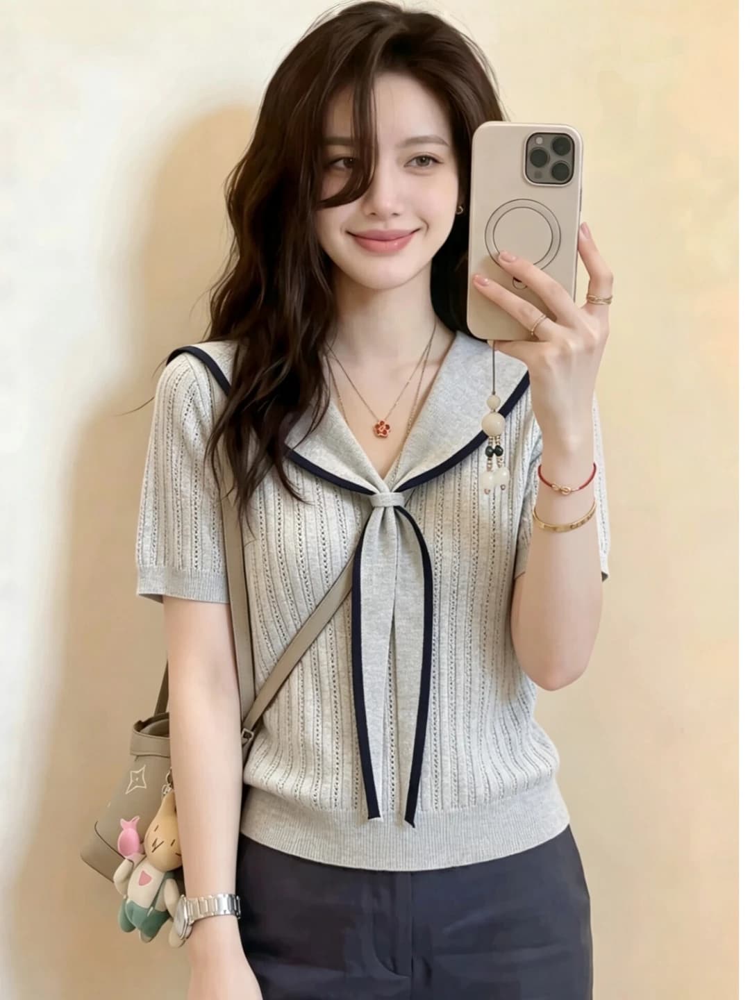 Women's grey sailor-collar knitted top, 2026 summer, thin, short sleeve, casual and versatile